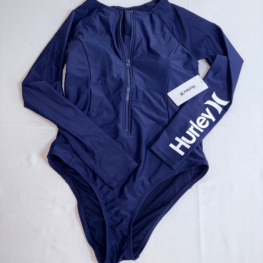 Hurley Rash Guard One Piece Medium Navy NEW Long Sleeve Half Zip Logo